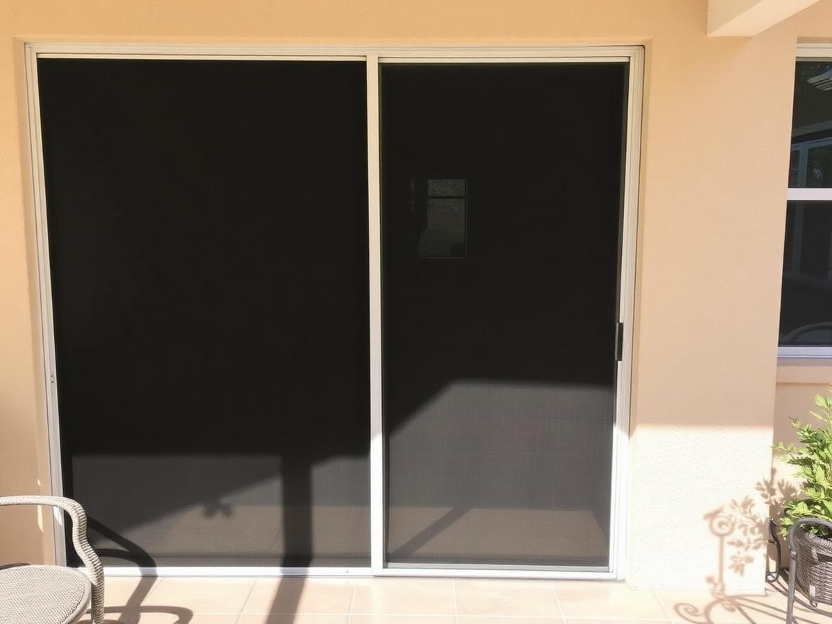 After: rescreened sliding patio doors with taut dark mesh in a straight frame