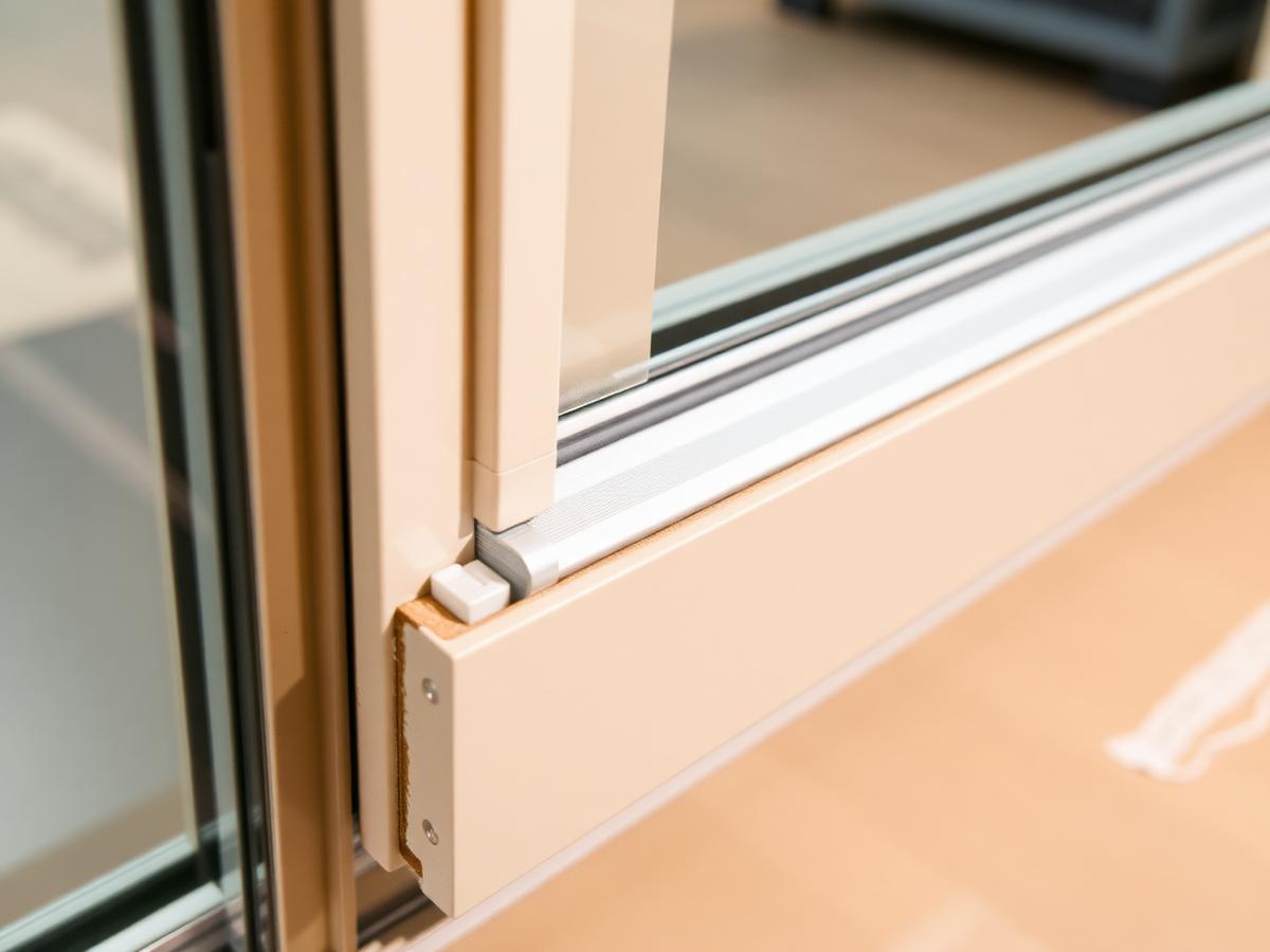 After: new flexible weather stripping and brush sweep sealing a sliding door frame