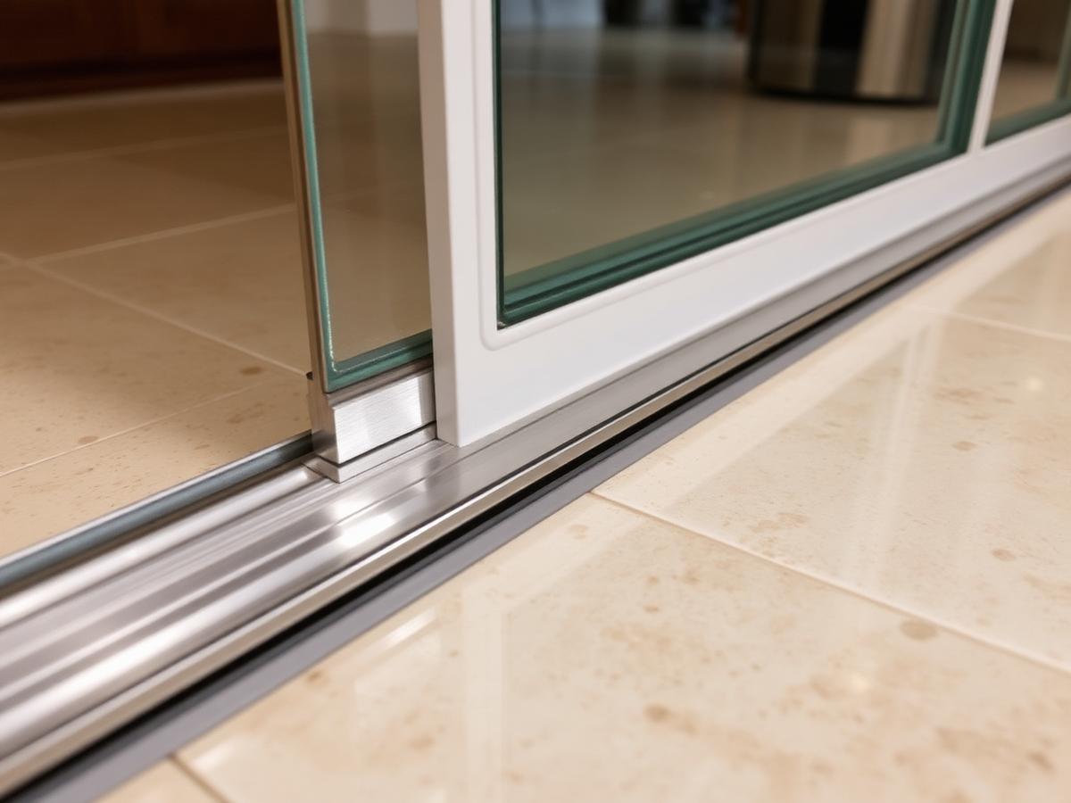 After: straight stainless steel track cap installed under a clean sliding glass door