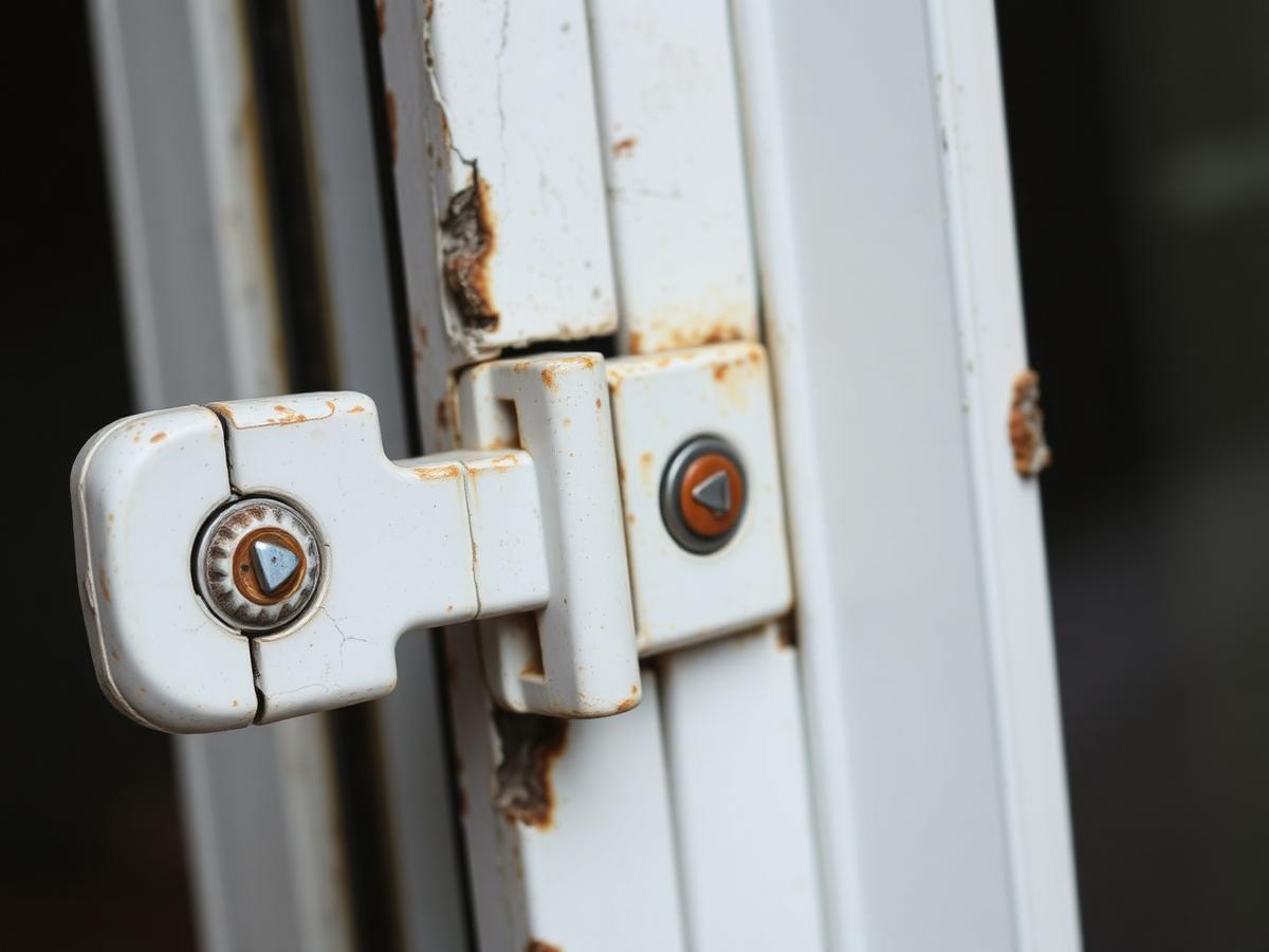 Before: cracked and rust-stained sliding door latch on a corroded white frame