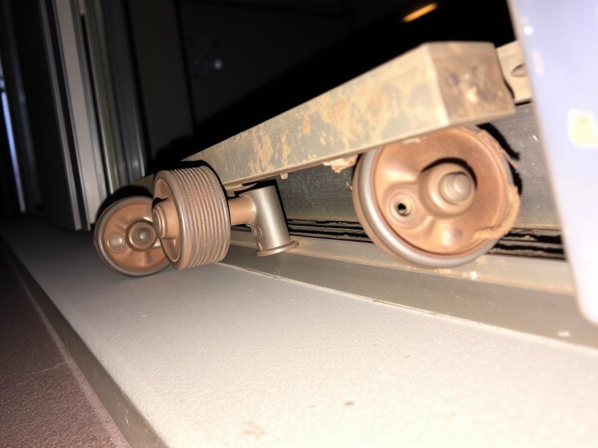 Before: rusted, seized sliding patio door rollers packed with debris
