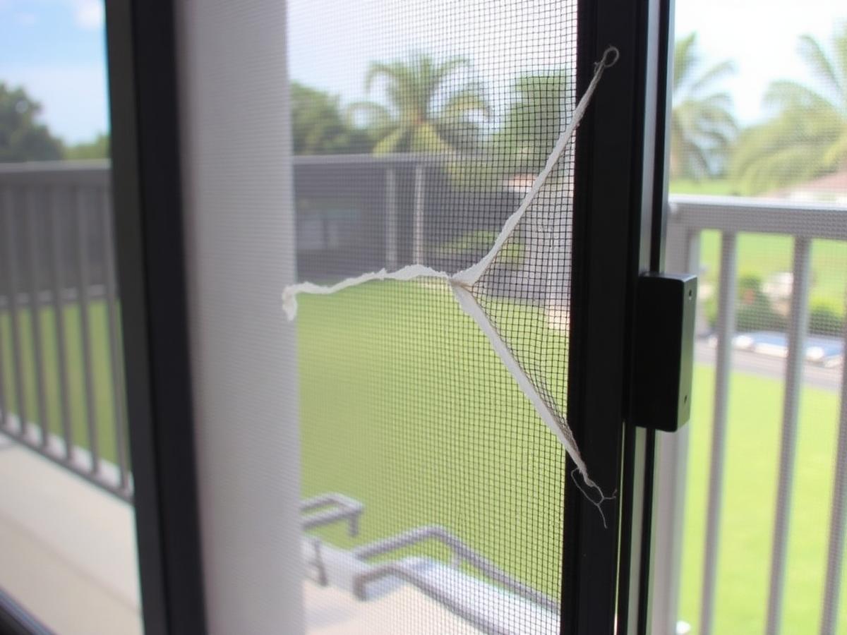 Before: sliding patio screen door with a large torn hole in the mesh
