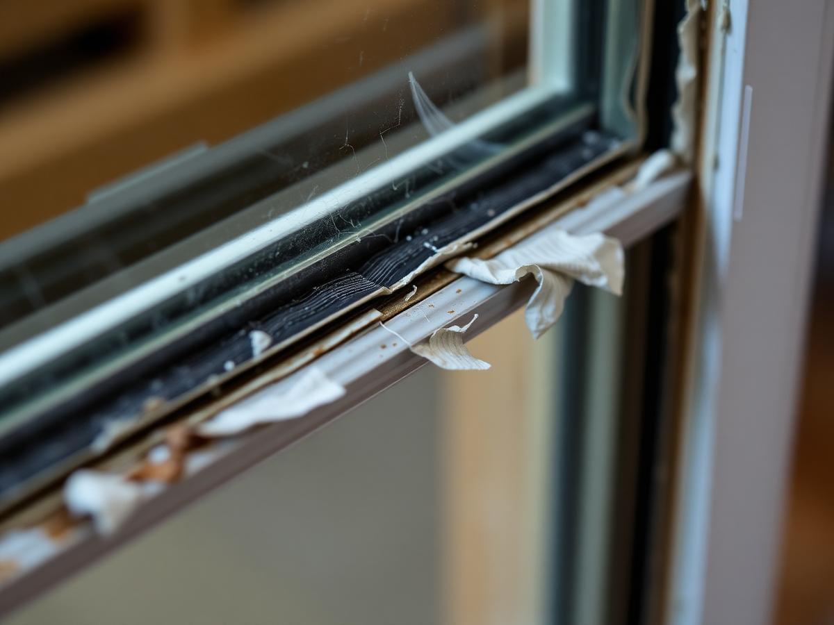 Before: brittle peeling weather stripping falling out of a sliding door frame