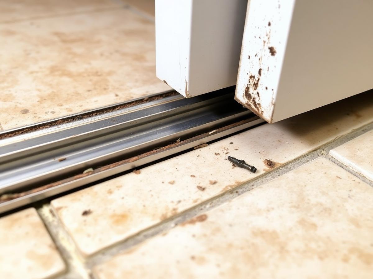 Before: dented and corroded aluminum sliding door floor track full of grit